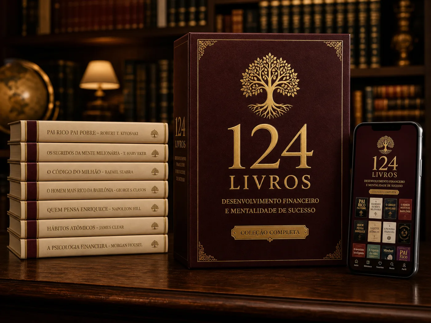 Coleção 124 Livros — caixa premium, livros físicos e app no celular